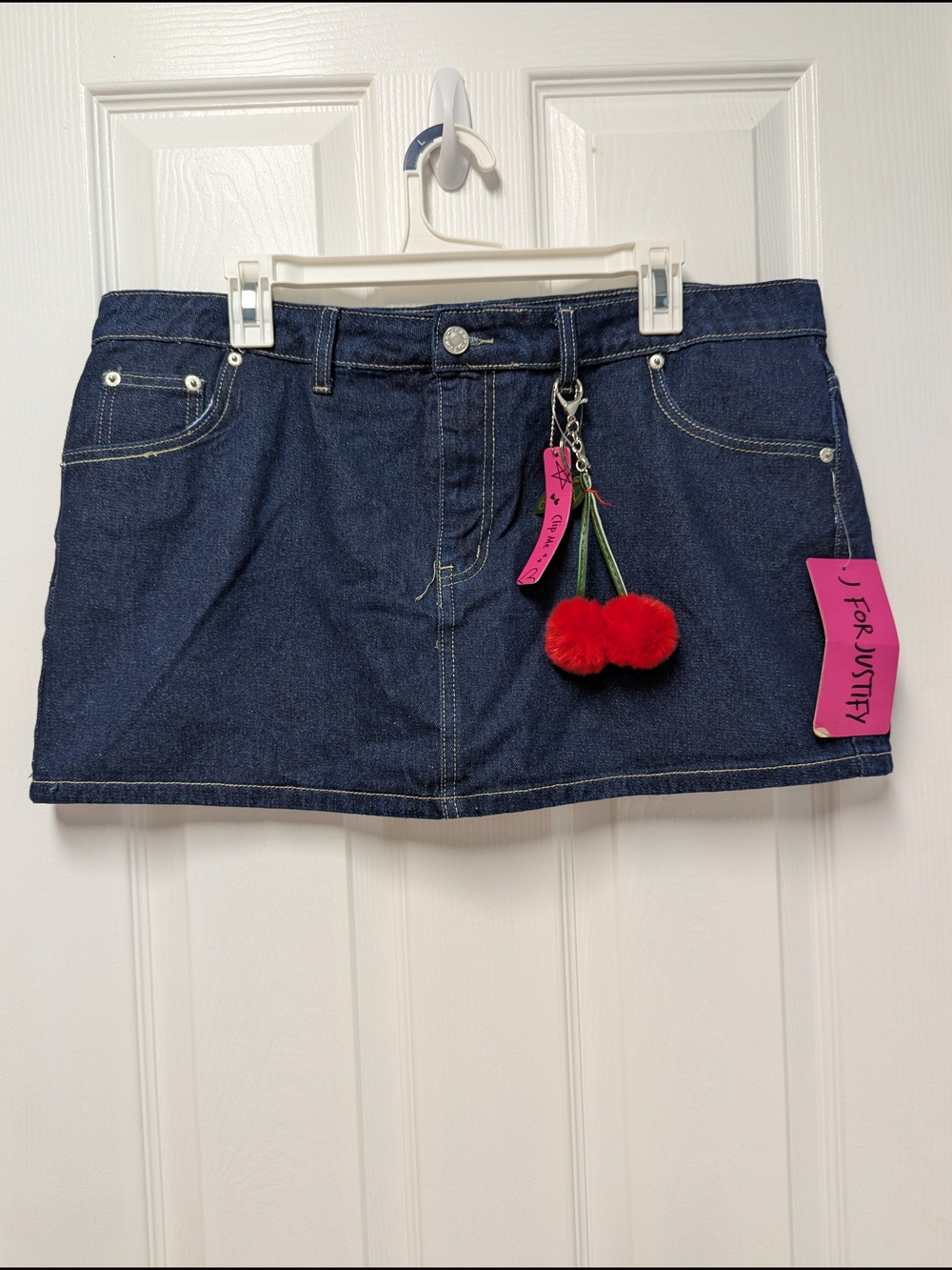 Justify Dark Blue Denim Mini Skirt with Red Pom Charm- New W/ Tag 🍒🍒